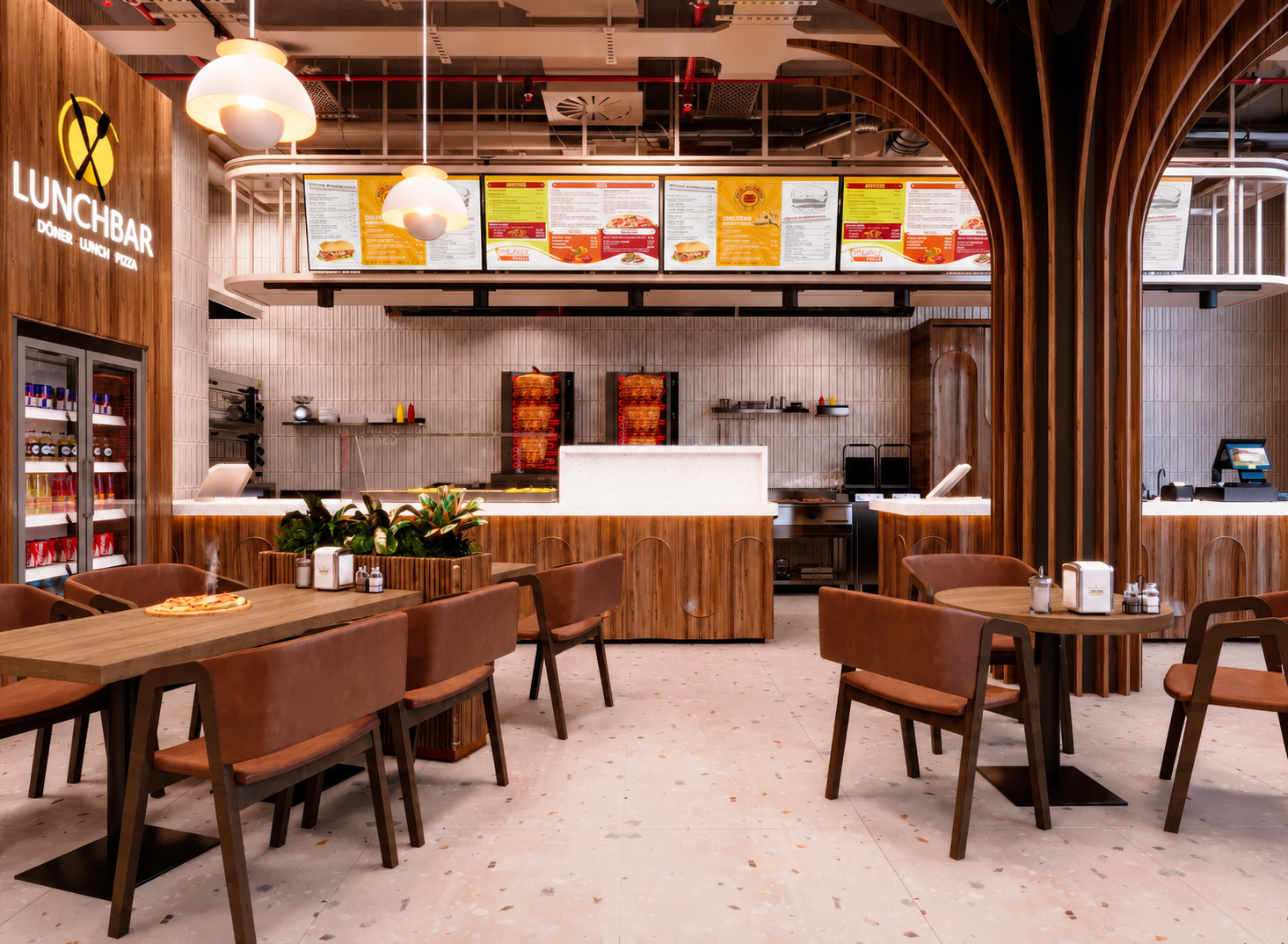 Lunchbar Sloterdijk met bestelbalie, menuborden en open keuken