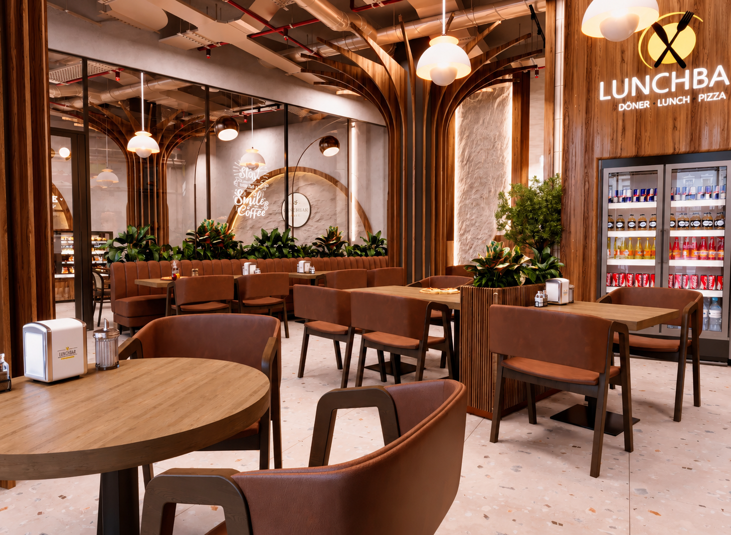 Gezellige zitplaatsen en warme inrichting van Lunchbar Café Sloterdijk