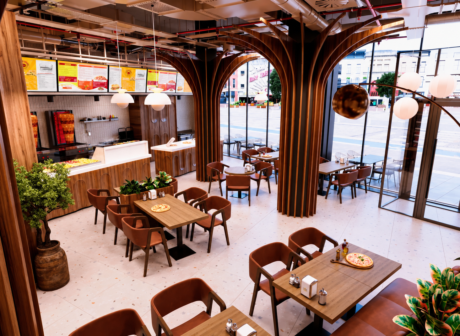 Ruime zithoek van Lunchbar Sloterdijk met houten tafels, warme stoelen en grote ramen